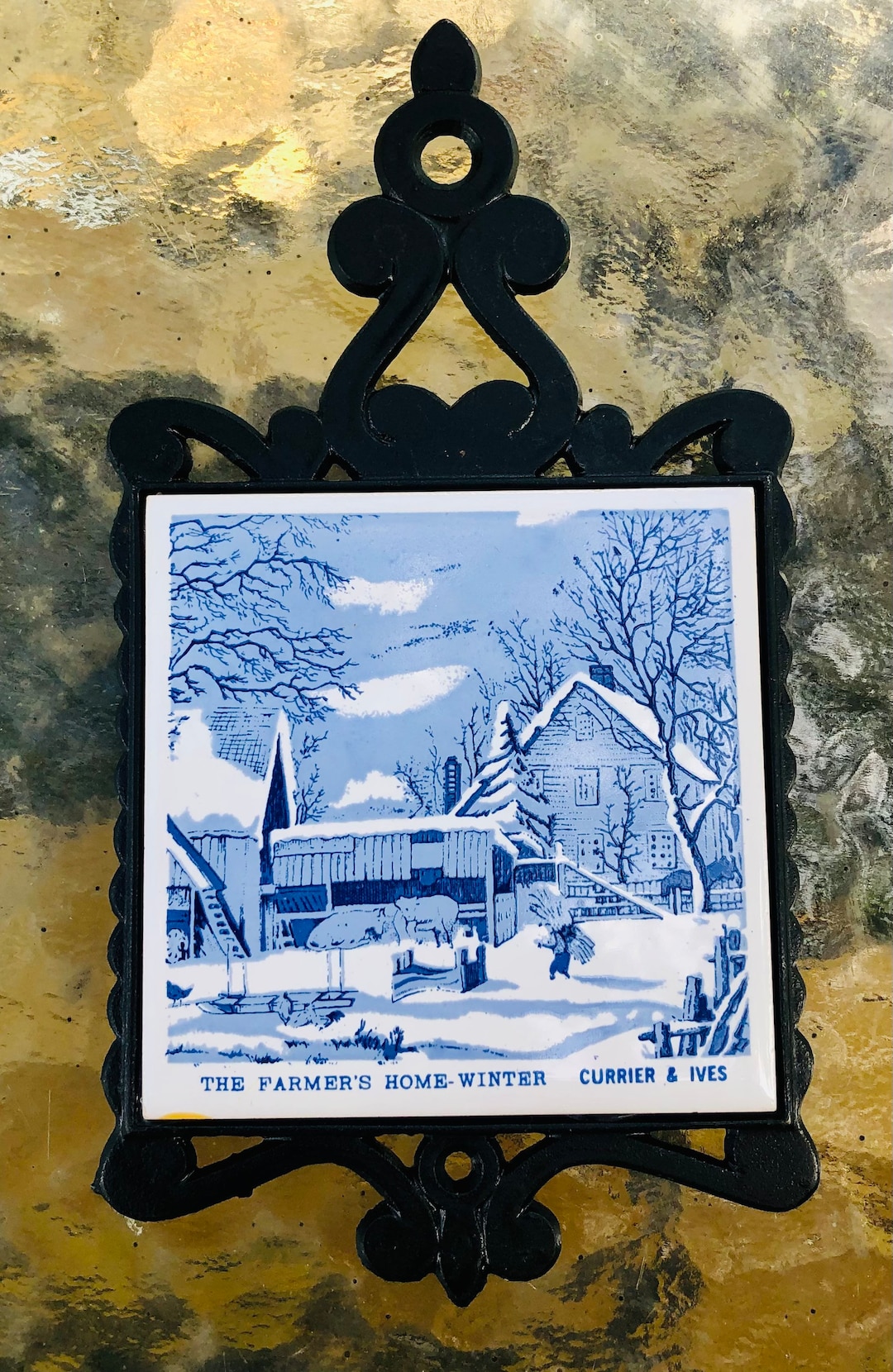 Currier & Ives Cast Iron Tile Trivet Kitchen Wall Hanging the Etsy