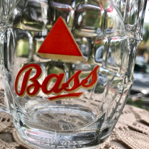 Vintage 1970s Bass Ale Beer Bar Mug Stein 8oz. Beveled Window Panel Glass Design by Crown of England