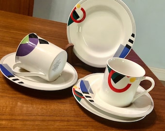 Mikasa Maxima High Spirits Postmodern Geometric Bold Primary Color Design Coffee Cup Saucer and Small Plate Weekend Breakfast Set for 2