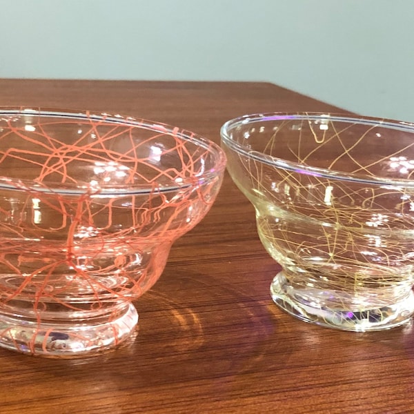 Drizzle Splatterware Spaghetti String Anchor Hocking Glass Dessert Parfait Bowls Yellow and Orange Set of 2