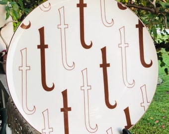 Taste Setter by Sigma 1970s Designer Franci Villa Vanilla Palm Beach Pattern "Initial" Letter "T" 11 Inch Chop Plate Platter Japan