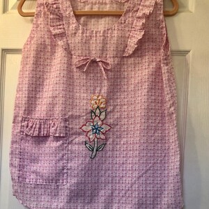 Popover Smock Apron Top Pink Lavendar Yellow Flower Gingham w/Flower Applique Ruffled Front & Hip Pocket Handmade Cooking or Craft Projects