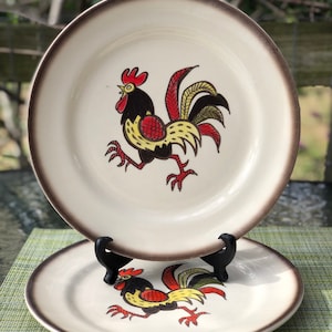 Farmhouse Country Poppytrail Red Rooster Hand Painted Pattern Metlox Pottery of California USA Set of 2 Dinner and Set if 2 Butter Plates