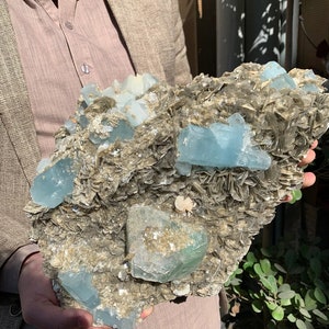 14460gr 博物館級の優れた終端ブルーアクアマリン結晶と八面体のグリーン蛍石と白雲母の組み合わせ標本 Pk から