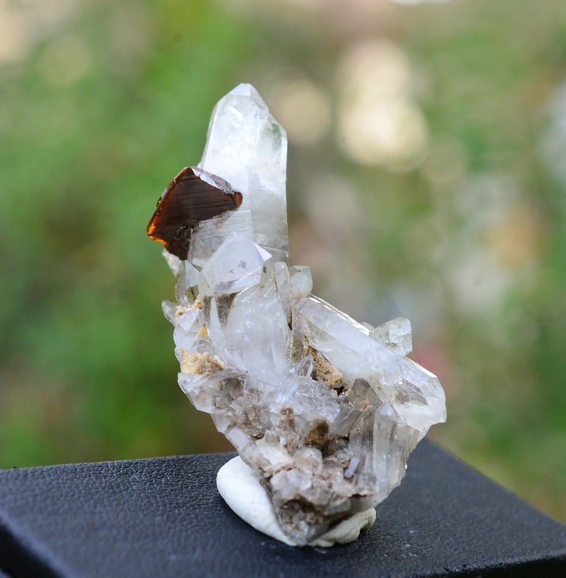May include: A cluster of clear quartz crystals with a brown mineral inclusion. The crystals are arranged in a cluster on a white base.