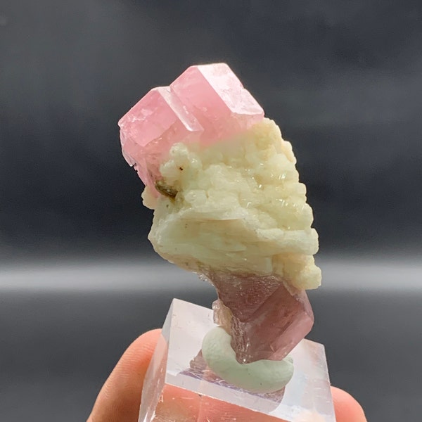 Pink Apatite / Fluorapatite Terminated Hexagonal Fluorescent Crystal with Feldspar Combine Specimen from Skardu Pakistan N-3