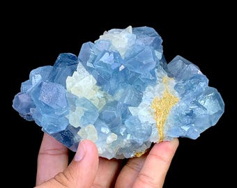 May include: A cluster of blue and white crystals with a golden-yellow streak. The crystals have a geometric, angular structure, and the overall appearance is rough and natural. The background is black.