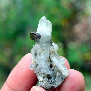 May include: A small cluster of clear quartz crystals with a brown mineral inclusion. The crystals are clustered together on a grey matrix.