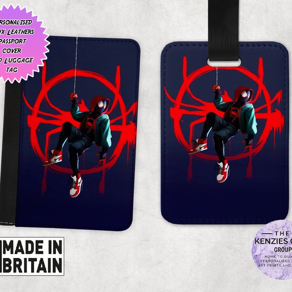 Personalised Stylish Faux Leather Passport Cover & Luggage Tag with Your Name - Travel Accessories Gift - Marvel Avengers Amazing Spiderman