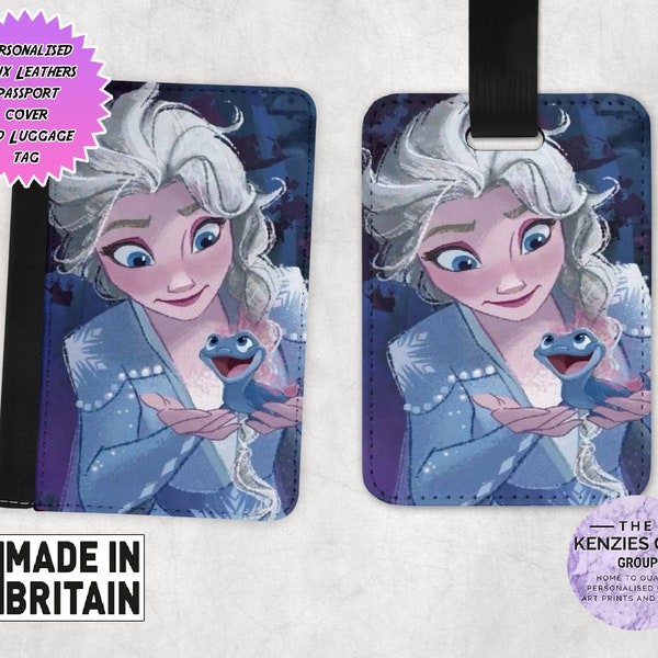 Personalised Matching Faux Leather Disney Passport Cover and Luggage tag, Travel Accessory Gift Set, Disney Frozen Elsea Anna Olaf