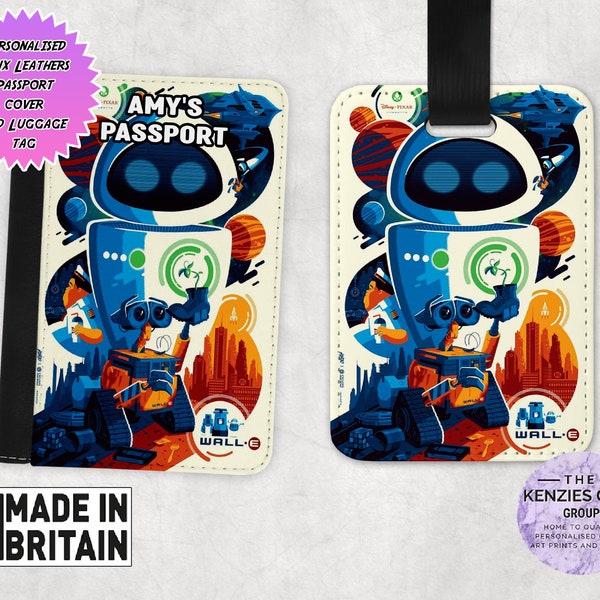 Personalised Matching Faux Leather Disney Passport Cover and Luggage tag, Travel Accessory Gift Set, Pixar Wall E Eve