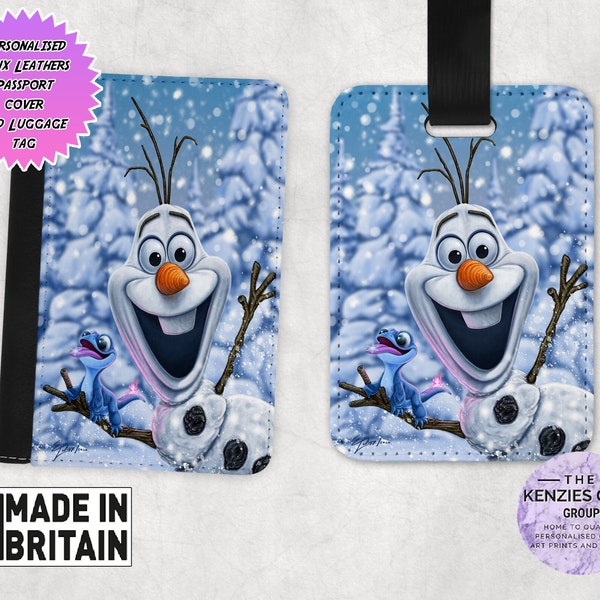 Personalised Matching Faux Leather Frozen Olaf Disney Passport Cover and Luggage tag, Travel Accessory Gift Set,  Disney Frozen Olaf Gift