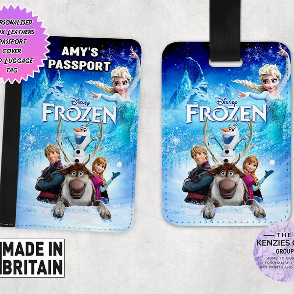 Personalised Matching Faux Leather Disney Passport Cover and Luggage tag, Travel Accessory Gift Set, Disney Frozen Elsea Anna Olaf