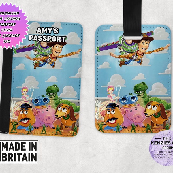 Personalised Matching Faux Leather Disney Passport Cover and Luggage tag, Travel Accessory Gift Set, Toy Story