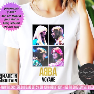 Personalised Navy ABBA Voyage Concert T-Shirt, Unisex Retro Band Tee, Vintage Music Fan Gift, London Show Souvenir, 70s Pop Group Apparel