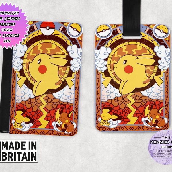 Personalised Stylish Faux Leather Passport Cover & Luggage Tag - Travel Accessories Gift - Everyone's favourite Pokemon Pikachu