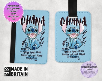 Personalised Matching Faux Leather Disney Lilo and Stitch Passport Cover and Luggage tag, Travel Accessory Gift Set,  Ohana Lilo and Stitch