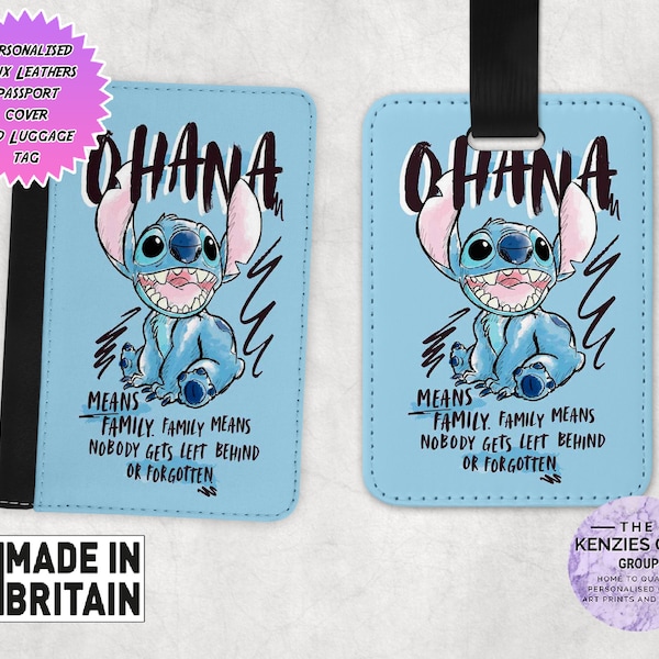 Personalised Matching Faux Leather Disney Lilo and Stitch Passport Cover and Luggage tag, Travel Accessory Gift Set,  Ohana Lilo and Stitch