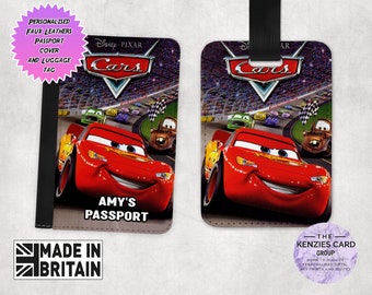 Personalised Matching Faux Leather Disney Passport Cover and Luggage tag, Travel Accessory Gift Set, Disney Pixars Cars Lightning Mcqueen