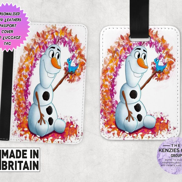 Personalised Matching Faux Leather Frozen Olaf Disney Passport Cover and Luggage tag, Travel Accessory Gift Set,  Disney Frozen Olaf Gift