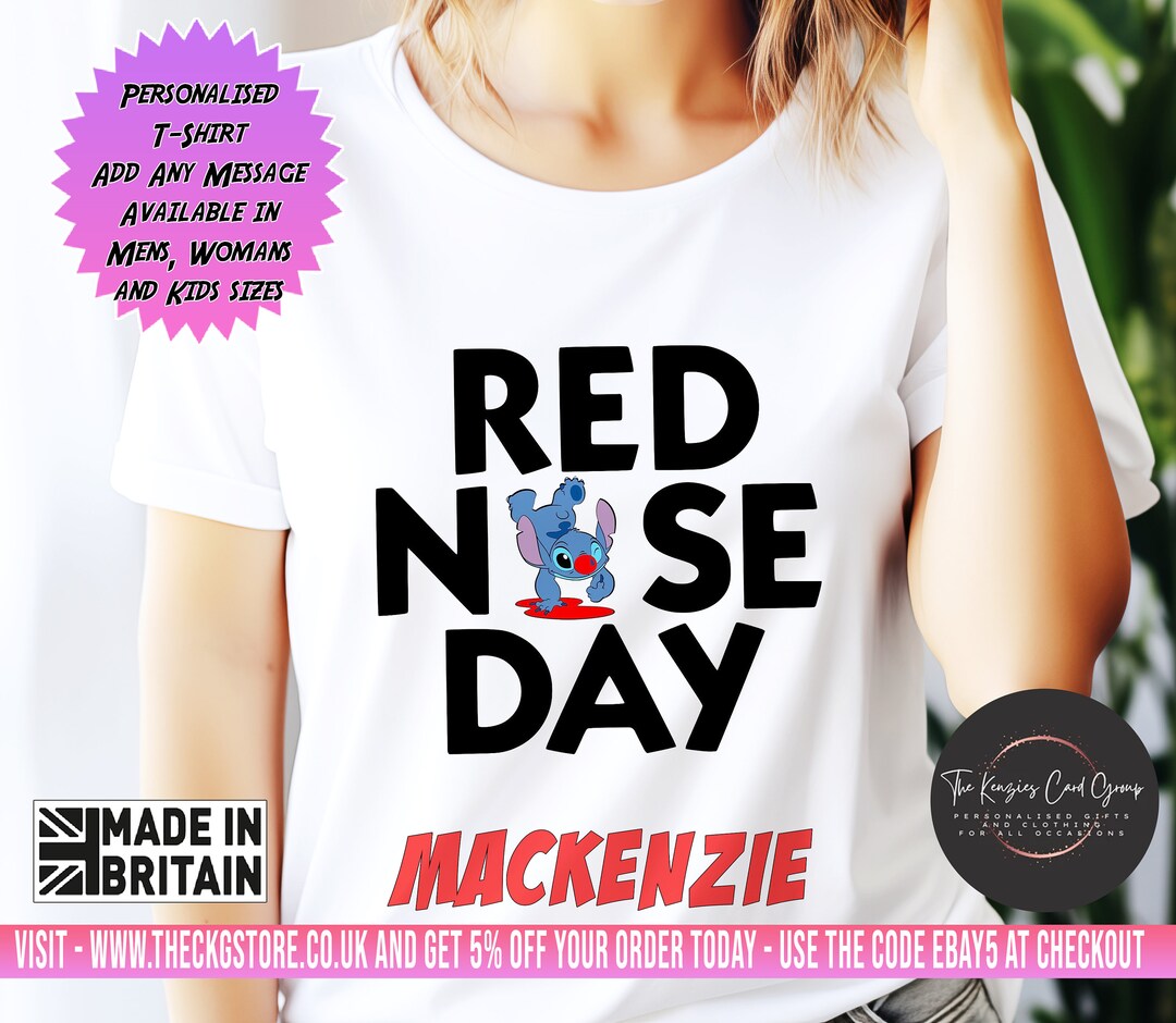 Personalised Disney Lilo and Stitch Red Nose Day Tshirt 2024. Stitch