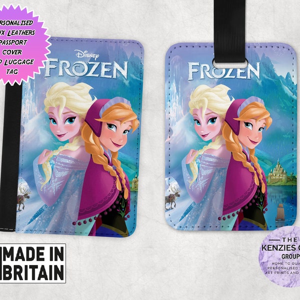 Personalised Matching Faux Leather Disney Passport Cover and Luggage tag, Travel Accessory Gift Set, Disney Frozen Elsea Anna Olaf