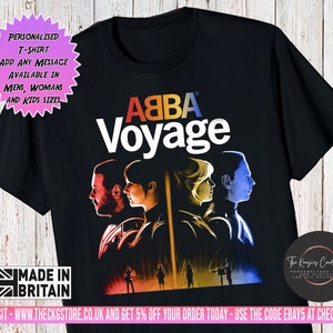 Personalised Navy ABBA Voyage Concert T-Shirt, Unisex Retro Band Tee, Vintage Music Fan Gift, London Show Souvenir, 70s Pop Group Apparel