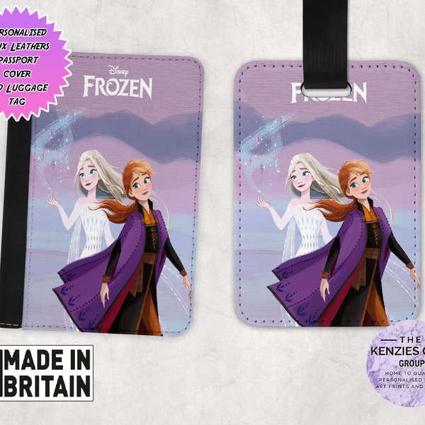 Personalised Matching Faux Leather Disney Passport Cover and Luggage tag, Travel Accessory Gift Set, Disney Frozen Elsea Anna Olaf