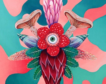 Original Painting,Surreal art,Exotic plants,Trippy mushroom artwork,Psychedelic,Fungi art,Birthday gift,Botany art,Natural world painting