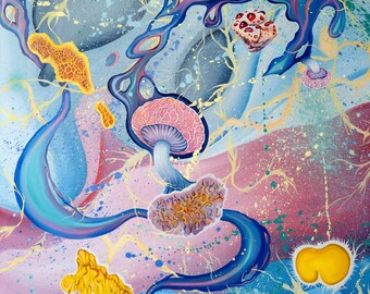 Mushroom painting,fungi artwork,surreal painting,psychedelic artwork,modern art,mycology,slime molds,big painting,rhodotus palmatus,morel