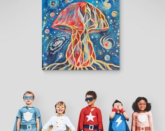 Pintura original de cogumelo a óleo, universo de fungos, ideia única de presente, arte trippy, cogumelo psicodélico, fungos cósmicos, pintura celestial e psicodélica