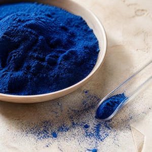 Peut inclure: Un bol peu profond de couleur claire rempli d'une fine poudre bleu roi vibrante. Une petite pelle en plastique transparent se trouve à proximité, contenant une petite quantité du même pigment bleu, avec de la poudre éparpillée autour.