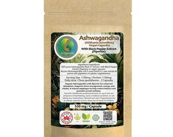 Organic Ashwagandha Capsules with Piperine – 10% Withanolides – Natural Stress Support – 1100mg Daily – Vegan – Ecogenya