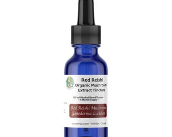 May include: A blue glass bottle with a dropper top containing a red reishi mushroom extract tincture. The bottle label reads "Red Reishi Organic Mushroom Extract Tincture 120 ml Alcohol Based Tincture ~4 Month Supply~ Red Reishi Mushroom Ganoderma Lucidum ecogenya.com - Whitby, Canada"