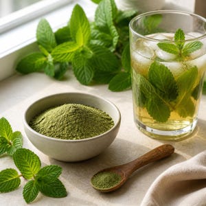 May include: A light beige ceramic bowl filled with fine green powder, a wooden spoon containing a small amount of the same powder, and a clear glass filled with a light yellow liquid, ice cubes, and fresh green mint leaves.