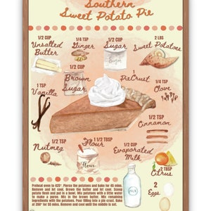 Sweet Potato Pie recipe poster, Pie Recipe wall art, Kitchen print, Watercolor painting, Autumn kitchen decor, Kitchen wall art, Giclee