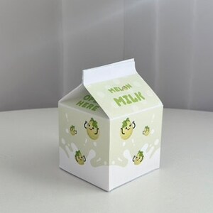 May include: A white cardboard box shaped like a milk carton with a green and white design. The box has a cartoon melon on it and the words "MELON MILK" printed on the front.