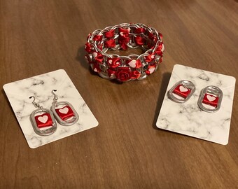 Valentine’s Day Bracelet and Earrings, Recycled Pop Tab Jewelry, Gifts For Her, Personalized, Be Mine Custom Handmade