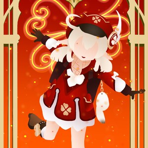 Pode incluir: Uma ilustração de desenho animado de uma menina com cabelo branco vestindo uma roupa vermelha e branca com um design de trevo. Ela está em pé em uma moldura vermelha e dourada com um símbolo de fogo no topo.