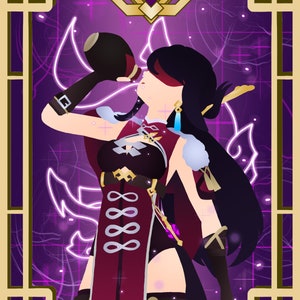 Pode incluir: Uma ilustração digital de uma mulher com um traje vermelho e preto sobre um fundo roxo e dourado. Ela está segurando uma garrafa e tem uma venda nos olhos.