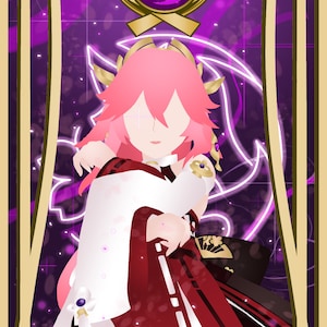 Pode incluir: Uma ilustração digital de um personagem de anime de cabelo rosa com um quimono branco e vermelho em um fundo dourado e roxo. O personagem está rodeado por uma aura roxa brilhante e um símbolo dourado com um centro roxo.