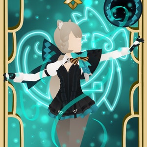 Pode incluir: Ilustração de uma personagem com um vestido preto e verde-azulado com um laço, mangas brancas e aparência felina. O fundo é verde-azulado com linhas e formas brilhantes e uma moldura dourada.