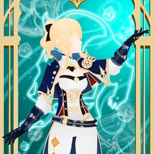 Pode incluir: Ilustração de uma personagem com uma roupa branca e azul com detalhes dourados, um casaco azul escuro e luvas pretas. O fundo é turquesa com uma moldura dourada e um emblema brilhante.