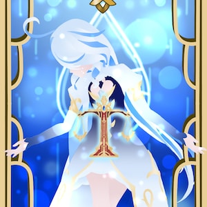 Pode incluir: Uma ilustração digital de uma mulher em um vestido branco com uma moldura azul e dourada. A mulher está segurando uma balança na frente dela. O fundo é azul com detalhes em branco e dourado.