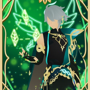 Pode incluir: Uma ilustração digital de um personagem com cabelo prateado vestindo uma roupa verde e preta com detalhes dourados. O personagem está rodeado por formas geométricas verdes brilhantes e um símbolo de coração verde.