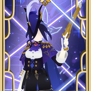 Pode incluir: Uma ilustração estilizada de um personagem com um traje preto e azul segurando uma espada dourada. O personagem está rodeado por um fundo roxo e azul com linhas brilhantes. A imagem é emoldurada em ouro.