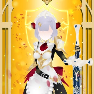 Pode incluir: Uma ilustração digital de uma personagem feminina em um traje de empregada com uma espada. Ela tem cabelo roxo e está vestindo um vestido de empregada branco e preto com uma faixa vermelha. O fundo é amarelo e dourado com um símbolo dourado no centro superior.