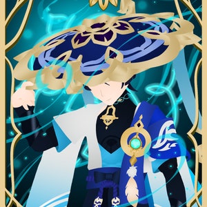 Pode incluir: Uma ilustração digital de uma pessoa usando um chapéu azul e dourado com uma roupa azul e branca. A pessoa está cercada por um padrão de redemoinho azul e verde.