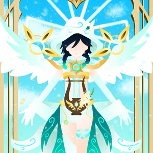 Pode incluir: Uma ilustração digital de uma mulher com cabelo preto comprido vestindo uma roupa branca e azul com asas. Ela está segurando uma harpa e está cercada por uma moldura azul e dourada.