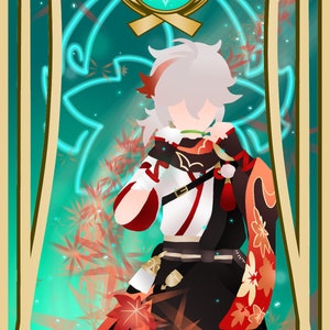 Pode incluir: Ilustração de um personagem em uma roupa preta, branca e vermelha com um design de folha de bordo. O fundo é turquesa com uma moldura dourada e um emblema turquesa no topo. O personagem tem cabelo branco e um acessório de cabelo vermelho.